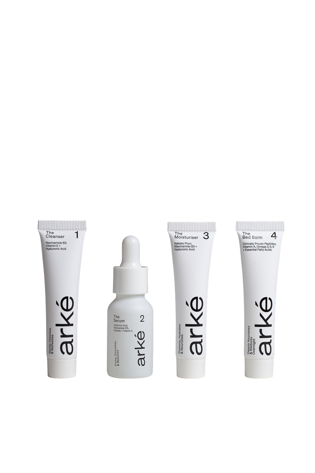 Set of arke skincare products on a white background