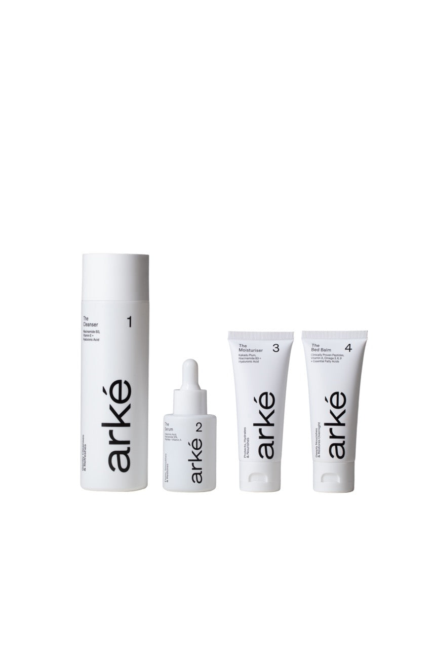 Set of skincare products with 'arké' branding on a white background