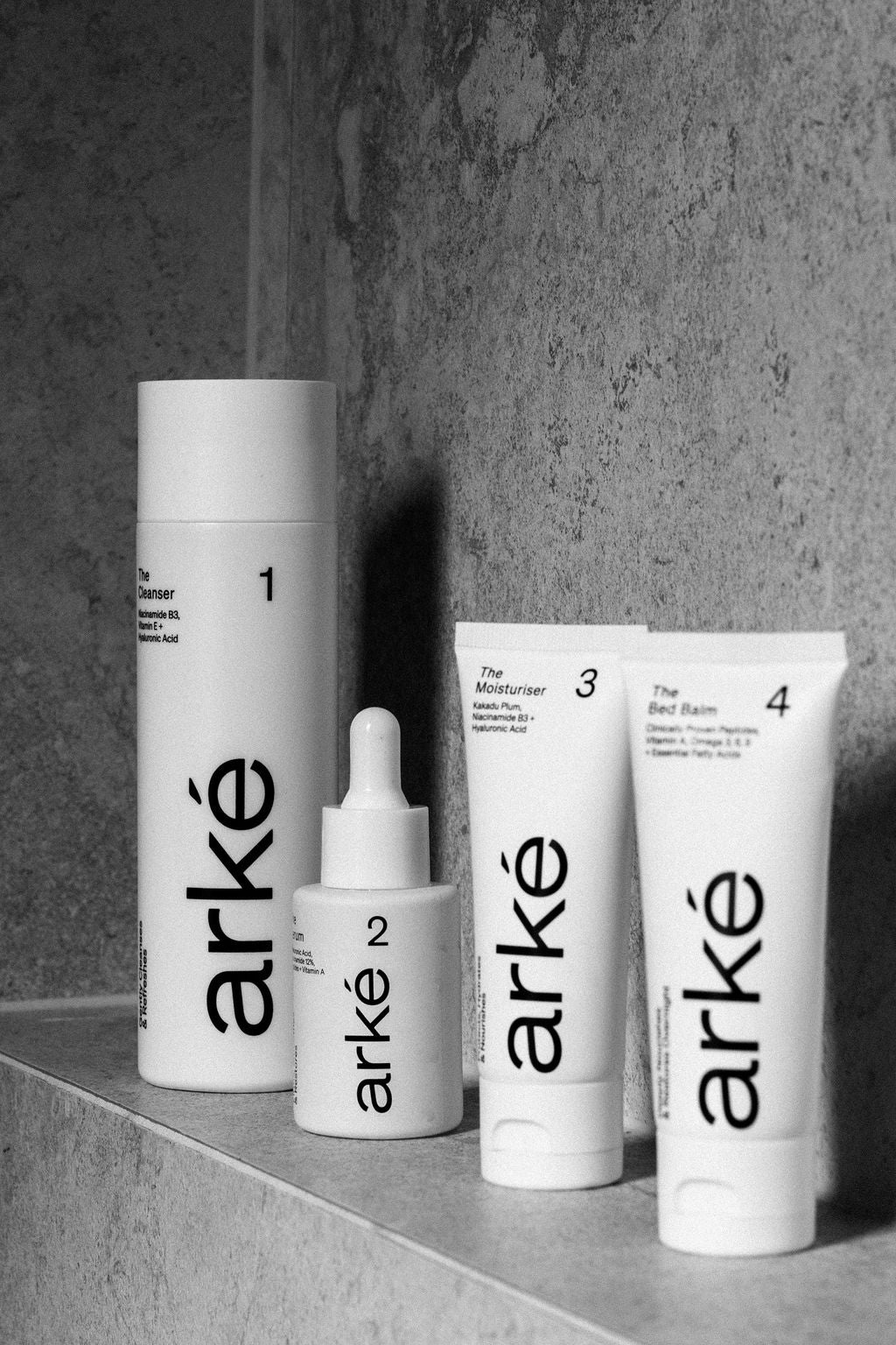 arke products in a row on small ledge